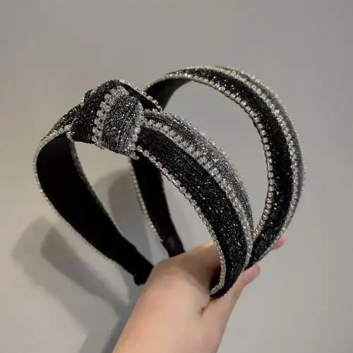 韩国秋冬新款高档简约气质钻条镶钻中间打结宽边发箍头箍女士发卡