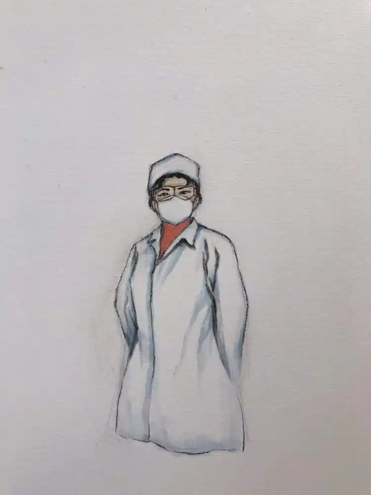 画面上的白衣天使形象是张弛春节期间手绘的,而背景里一对年轻恋人