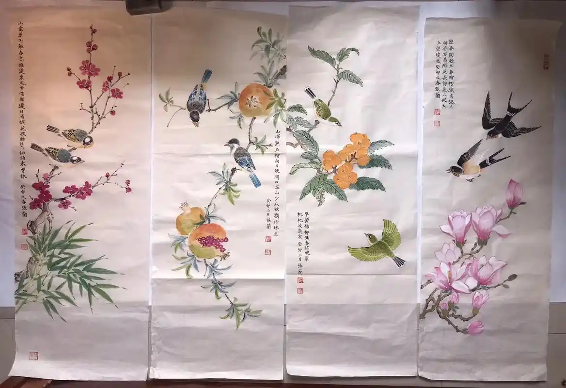 张兰国画花鸟.春夏秋冬四条屏,印文:张兰,文清.30cmx8 - 抖音
