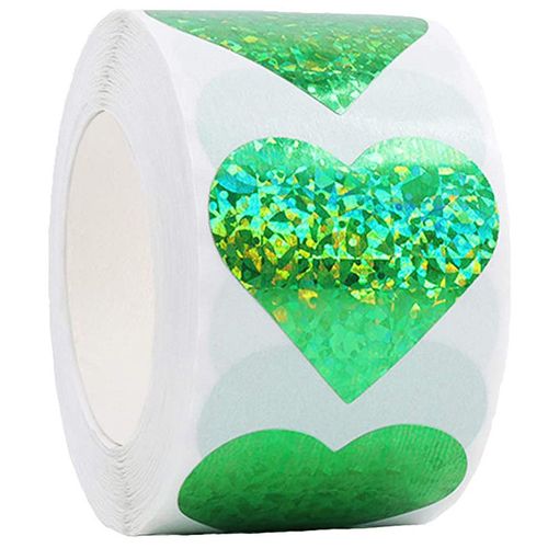 500贴/卷绿色心形镭射贴纸自粘装饰礼品烘焙外卖包装封口贴标签