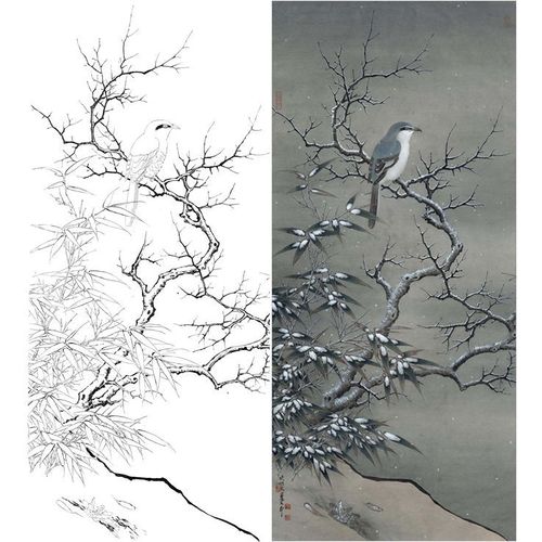 李晓明工笔临宋白描底稿雪树寒禽图有步骤图及文字说明底稿l564