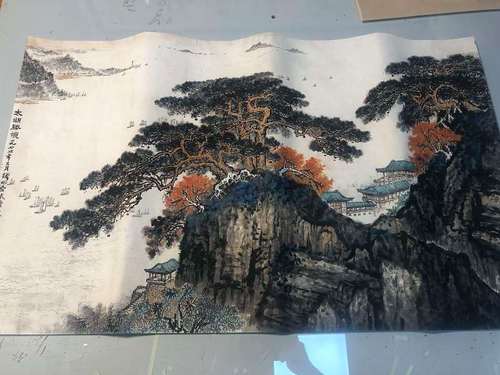 钱松岩 太湖胜境图 近现代横幅山水国画松树湖泊客厅装饰画微喷