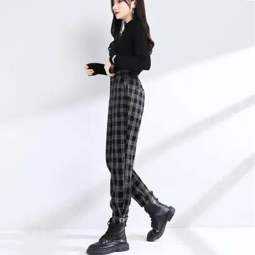格子裤女秋冬马丁裤小脚裤今年羊毛裤子黑白冬季毛呢加绒裤哈伦裤