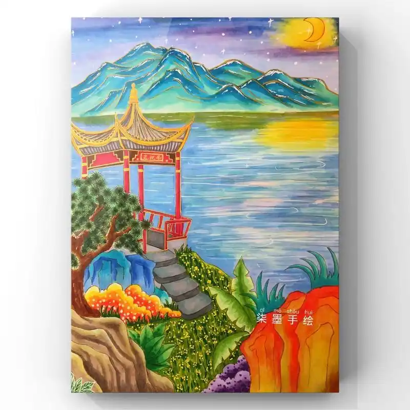 古诗配画.望洞庭(原创)  《望洞庭》 湖光秋月两相和,潭面无风镜未磨.