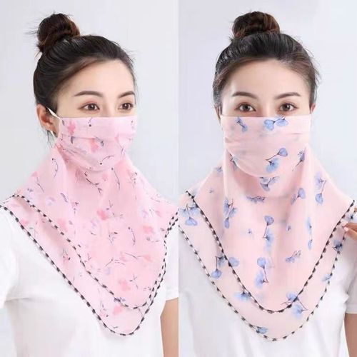 夏季防晒口罩女护颈面纱防紫外线围脖薄款雪纺透气挂耳丝巾夏季