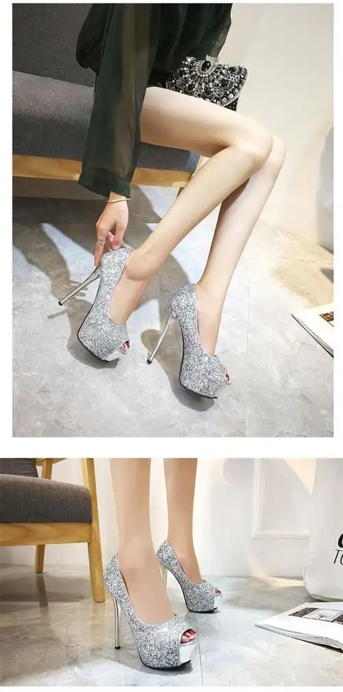 chapelle)鱼嘴鞋宴会女鞋银色亮片防水台超高跟鞋女细跟性感夜店12