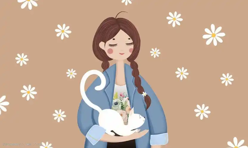 女孩与猫手绘小清新插画 小清新 插画 小花 人物 壁纸 女生 猫咪 手绘