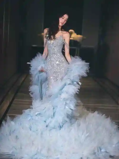 羽毛披肩鱼尾礼服💙女明星来啦