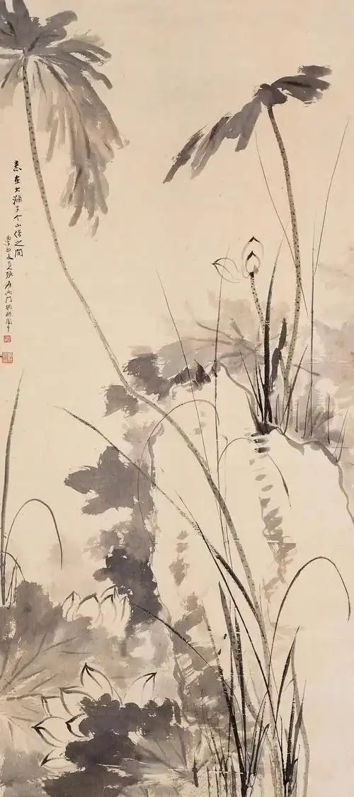 大千先生爱荷花的色彩娇艳和姿态缤纷,他更爱荷花的秉性高洁之气质.