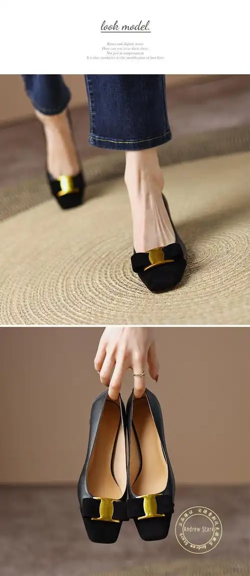 andrewstark品牌粗跟单鞋女2022春秋新款复古金属扣蝴蝶结方头浅口