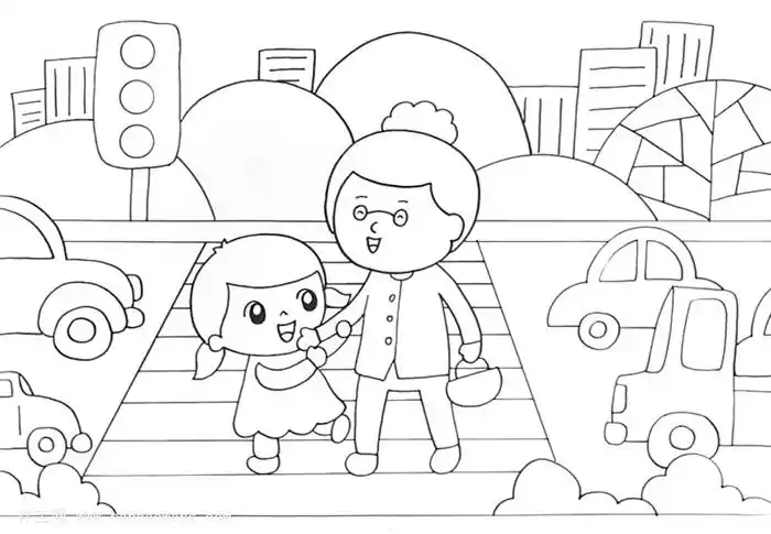 1,先画一个小女孩在扶着老奶奶过马路.