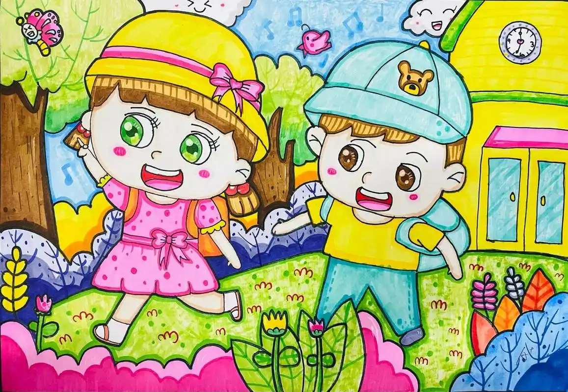 上学路上主题画|儿童简笔画 上学路上主题画,儿童简笔画.