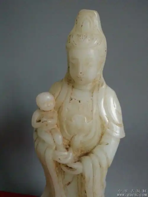 出土明代传世古玉老和田玉观音送子摆件