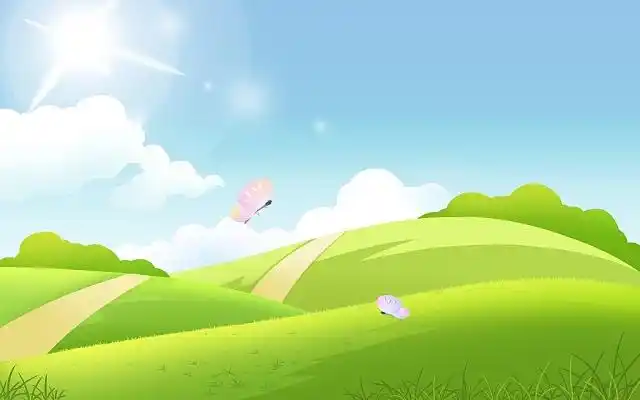 晴朗天空下的绿色草地和漂亮舞动的蝴蝶绿草地插画