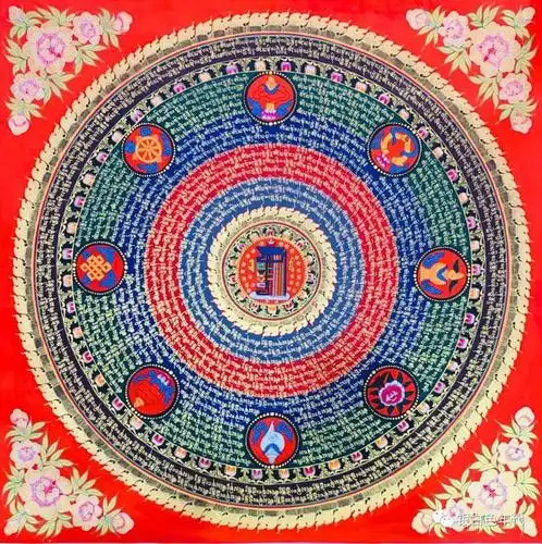(六字真言咒轮,尺寸70x70厘米,布面设色,矿物颜料,24k黄金,rmb   1680