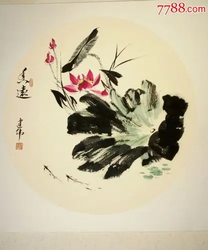 卡纸圆形荷花小品