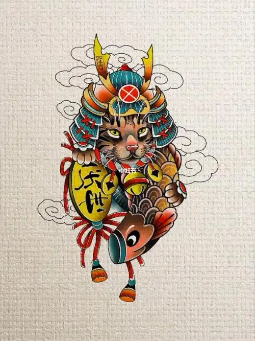 招财猫77武士元素#惊喜双旦  #原创纹身手稿  #周末去哪儿  #传统