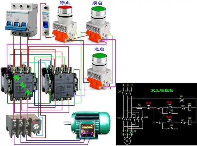 380双重互锁正反转控制,布线完成,没接电机,接上电源交流接触器可以