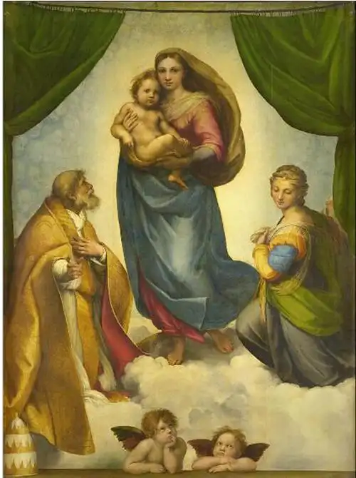 热点画面中的天使向圣母谦卑鞠躬,一道金光从左上角射入整个构图直抵