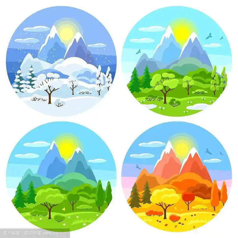 冬天,春天,夏天,秋天用树木,山和小山做插图.四季的风景.