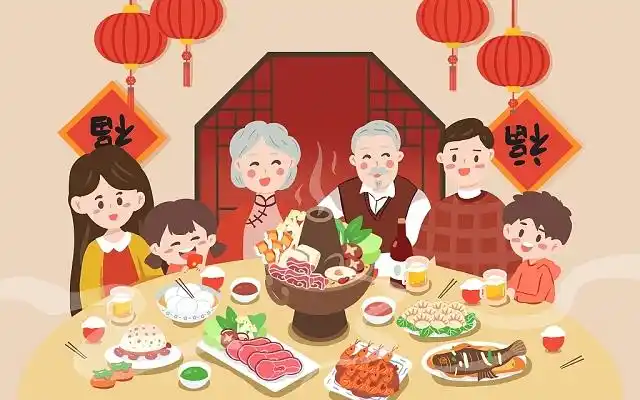 卡通手绘新年春节牛年一家人年夜饭聚餐原创插画海报除夕春节聚会新年