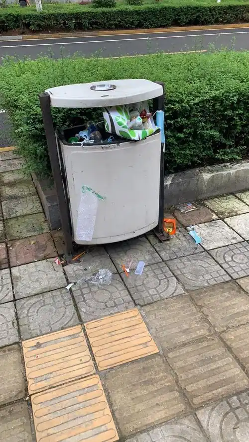 42,棠坡路沿线人行道白色垃圾较多,垃圾桶满溢(已整改)