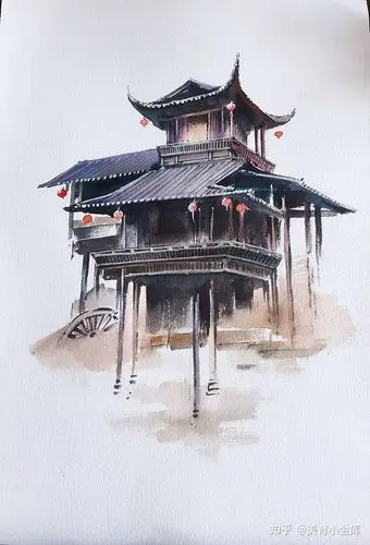 水彩写意风景建筑手绘步骤图教程