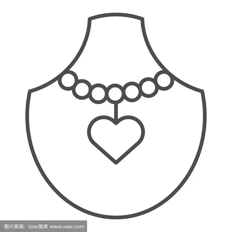 项链与心在人体模特细线图标.垂饰与心脏对人体矢量插图孤立在白色.