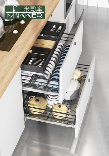 厨房橱柜拉篮不锈钢碗碟篮三层黑色抽屉式碗柜锅篮抽中抽