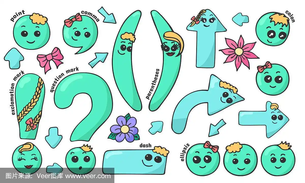 一套手画可爱的微笑卡哇伊标点符号在涂鸦风格