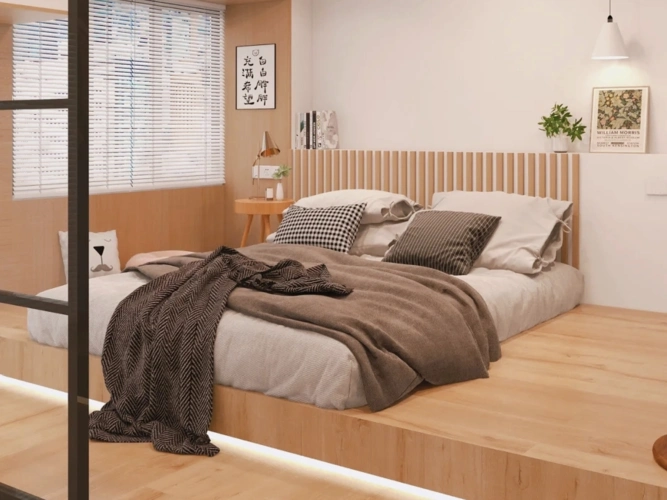 地台卧室可以让床头柜,床,衣柜,梳妆台等风格统一.