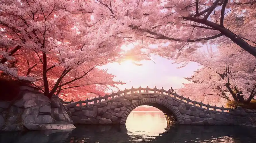 盛开的樱花树樱花飘落与与阳光下的中式古风石桥浪漫风景唯美壁纸