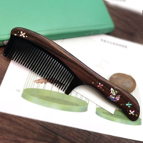 厂家直供檀木梳子螺钿彩绘工艺梳长柄按摩梳文创刻字礼物商务礼品