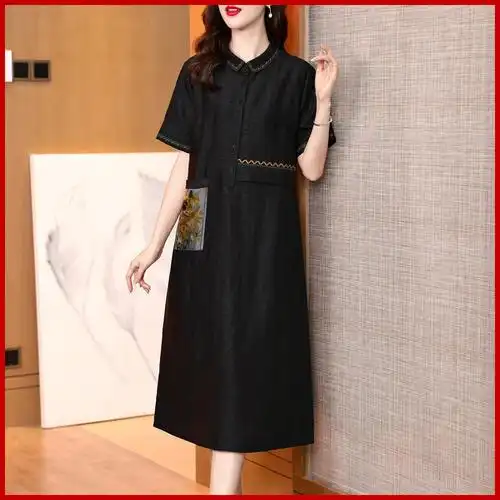 中老年女装黑色真丝龟纹香云纱连衣裙拼色口袋桑蚕丝莨绸长裙批发