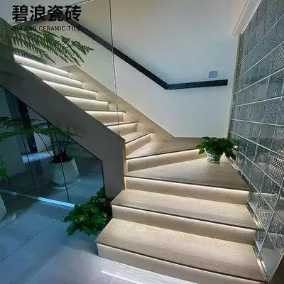 大理石木纹楼梯踏步梯级地砖别墅公寓室外台阶一体式防滑瓷砖哑光通体