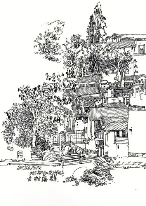 速写风景中国古村落中国传统民族建筑速写