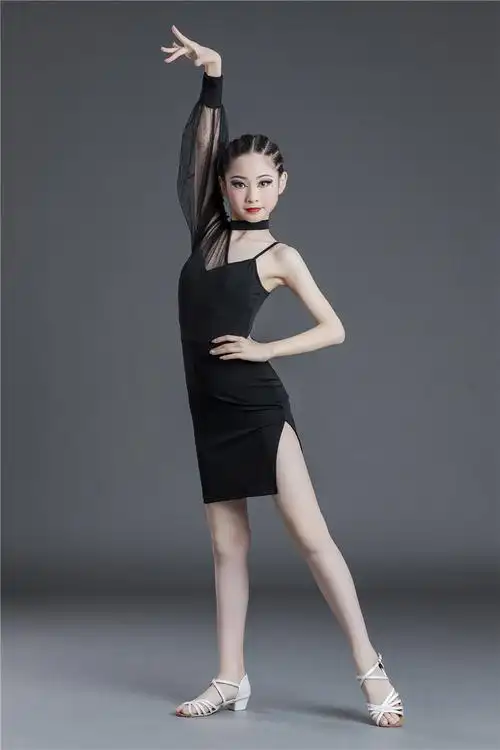 拉丁舞演出服比赛服女网红儿童拉丁舞服泡泡袖连衣裙少儿拉丁练功服