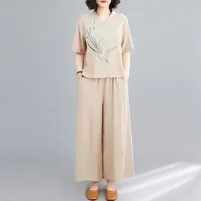 文艺复古棉麻套装妈妈夏装时尚休闲民族风女装亚麻阔腿裤两件套