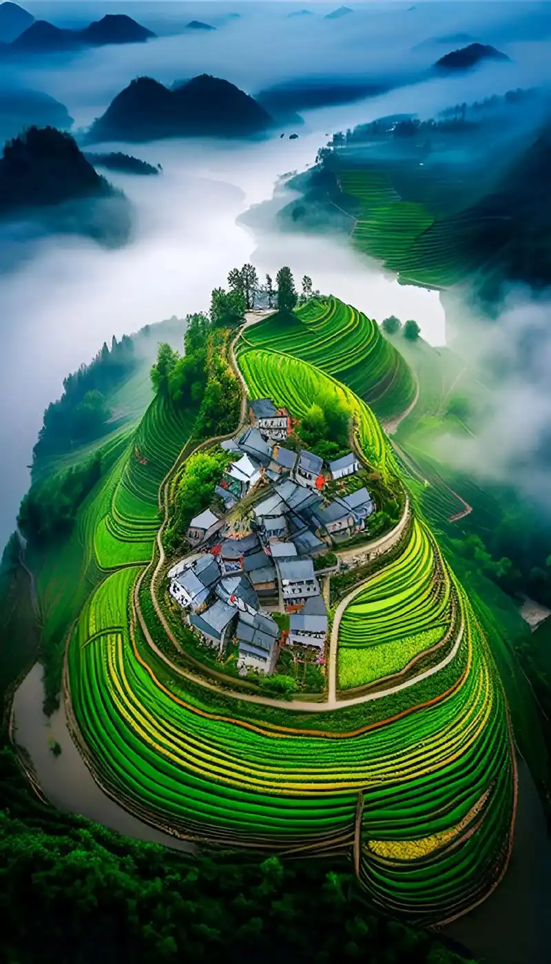 多彩贵州,水绕山走.#治愈系风景#千年苗寨#美丽梯田#云雾环 - 抖音