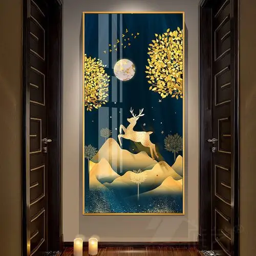 入户玄关装饰画现代过道走廊招财风水发财鹿壁画晶瓷客厅竖版挂画