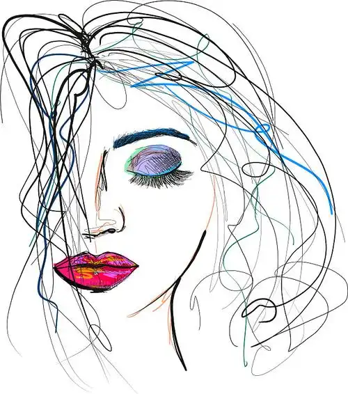 头发凌乱的美女素描图片