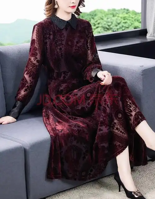 高档品牌轻奢女装金丝绒真丝绒连衣裙春秋女装高贵洋气气质妈妈高端春