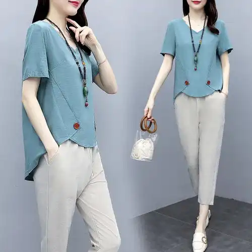 棉麻套装女夏季2020年新款气质休闲时尚洋气减龄气质亚麻两件套