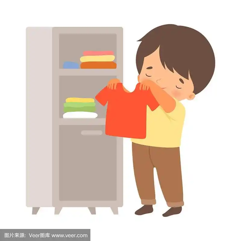 小男孩折叠他的衣服在衣柜矢量插图