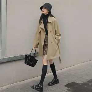 韩版宽松卡其色风衣女小个子2022春秋新款休闲百搭流行中长款外套图片