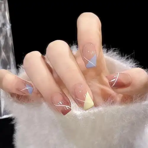 夏季穿戴甲清新几何线条指甲贴片法式美甲片假指甲美甲贴片成品甲