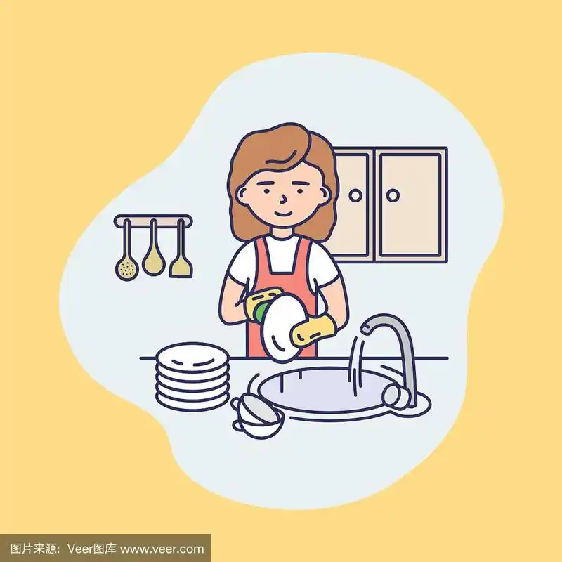 穿制服的女人在厨房里洗盘子.清洁产品和工作工具.