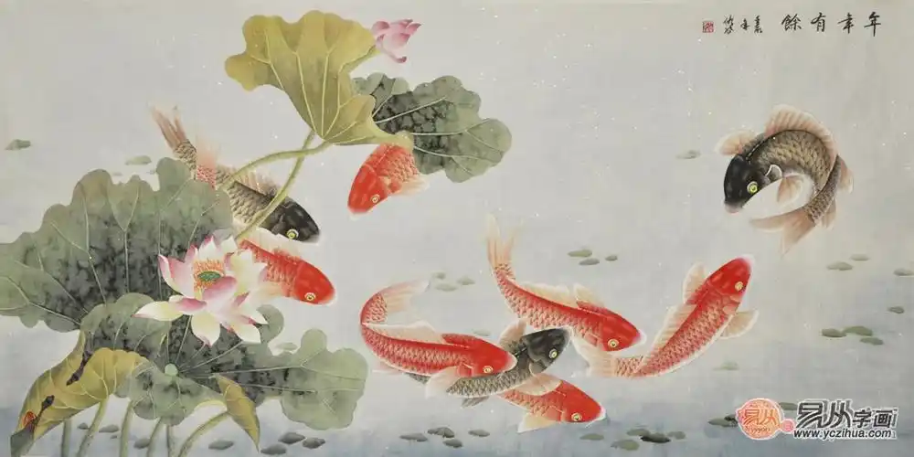 国画九鱼图仇谷四尺横幅荷花鲤鱼画年年有余