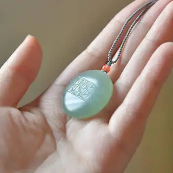 古珍风生水起丨和田玉青玉圆形水波纹吊坠女玉石保平安项链妈妈送长辈