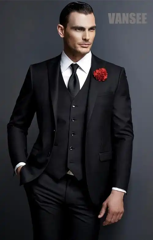 绅士英国西部意大利风格 3 件西装夹克男士商务正式黑色西装套装